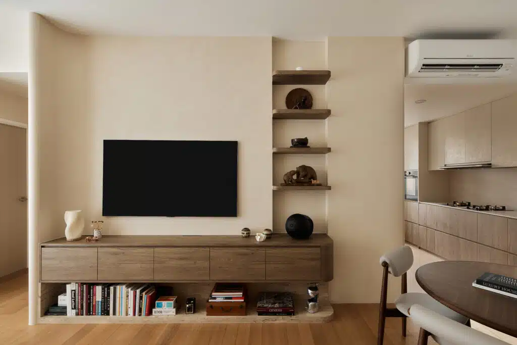 Warm modern contemporary living room TV area