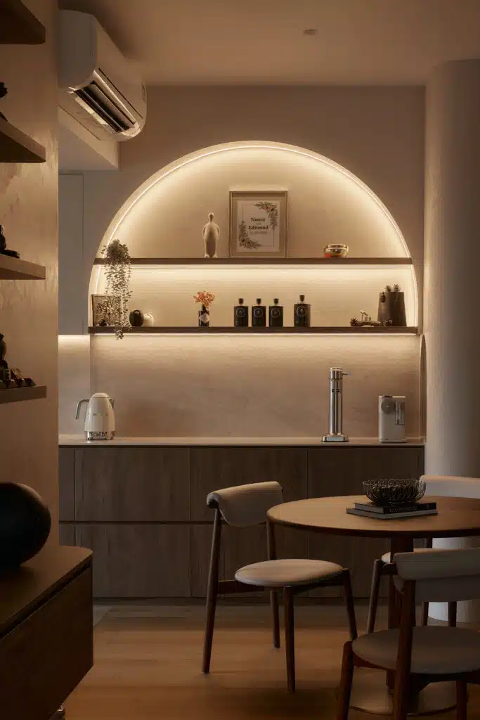 Warm modern contemporary pantry area with arched niche